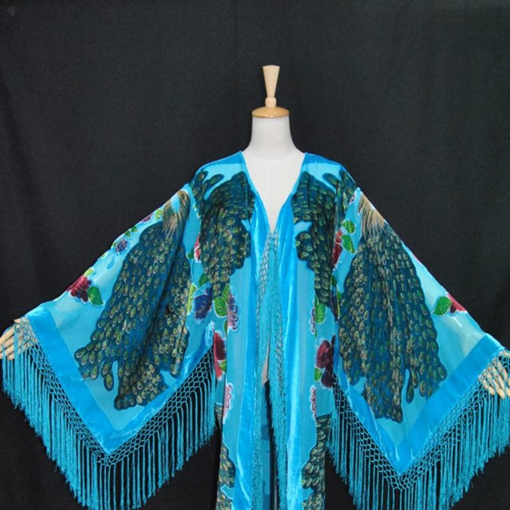 Turquoise Silk Velvet Boho Fringe Kimono